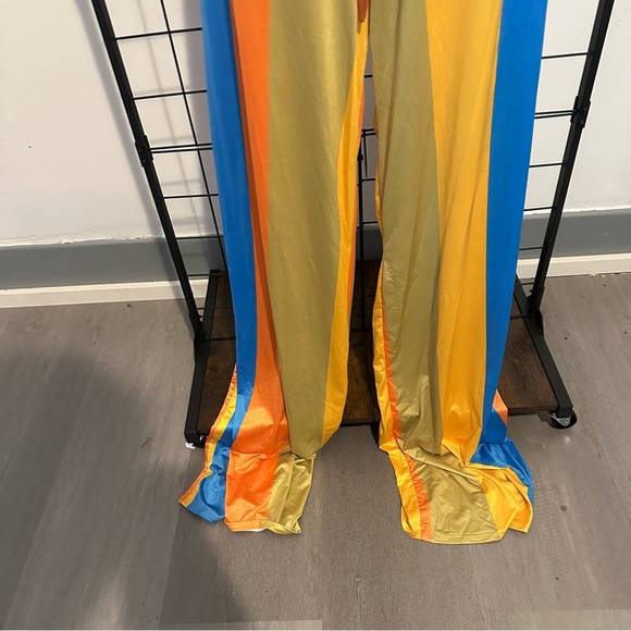 Women’s Plus Size Multi Color Two Piece Collar Self Tie Crop Top Wide Pants Set - Picture 13 of 14